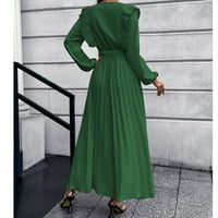 Žene oblače dužinu gležnja V-izrez Maxi s dugim rukavima od pune casual žena Ljetna haljina zelena s