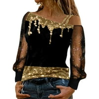Pxiakgy ženska modna tiskana hladna ramena t majica mreža dugih rukava s velikim rukavima GOOLS GOLD + XXL