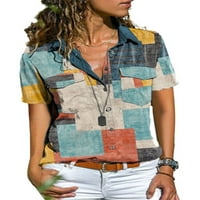 Ženske košulje s kratkim rukavima V Vreći za vrat prema doljim majicama s džepovima Ispis tunika Bluuses