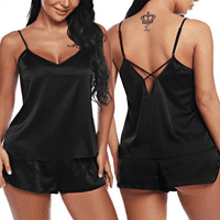 Ženska V izrez Seksi donje rublje Satin Sleep odjeća Pidžamas Cami Hlače Set Nightwend Black XL