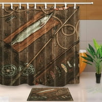 Ribolovni alati i svježi štuka na drvenoj stazi za tuširanje s kadom za tuširanje s podnim prostirkama kupatila 15,7x