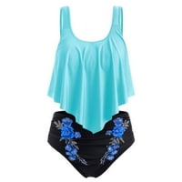 Tankini kupaći odijela za ženske ženske push-up podstavljene plus veličine preklapajući otisak bikinija kupaći kostim nebo plavi + l