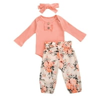 Binpure Baby Girls Pletena odjeća Set ruffle dugih rukava Bodysuit Midro + cvjetne hlače + glava za