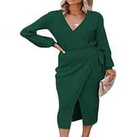 Paille dame pletene midi haljine džemper dugih rukava haljina od pune boje Slim Fit Travel Green M