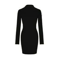 IOPQO Crne haljine za žene modne srednje duljine patentni patentni zatvarač s dugim rukavima s dugim