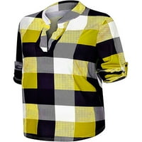 Neilla dame TEE Provjerite majicu za ispis V izrez majica Žene Loose vrhovi dugih rukava Pulover žuti
