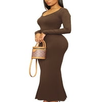 Grianlook Ženska haljina Bodycon Solid Color Maxi haljine V izrez Dame Casual Plain dugih rukava Kafa