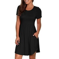 Haljina za žene, modni ženski ljetni okrugli vrat tiskani pulover kratki rukav drepcijska haljina crna