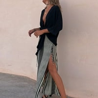 Ženska modna casual odijelo Satin Top Striped Split suknja Black XL