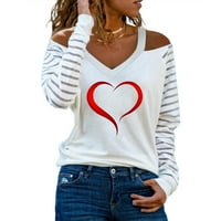 Lovskoo majice s dugim rukavima za žene sa ramena V-izrez majica jesen sretan zaljubljeni tisak hladnog