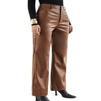 Ženske kožne hlače visoke struke ravne bočne džepove širokog nogu PU nogavica pune boje casual partne