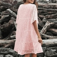 Usmixi haljine za žene plaža labava ljuljačka lagana šifon sloj Line haljine kratki rukav V-izrez Čvrsta ljetna mini formalna haljina ružičasta l
