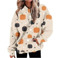 Žene Halloween Crew vrat od tiskanih kapuljača, dukseri s dugim rukavima, pulover sa dugim rukavima s džepovima Khaki XXL