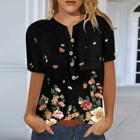 Ženski bluza Bluza Ženski plus kratki rukav plus veličina cvjetnih košulja Henley Ljetni vrhovi crni
