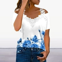 Ženski V-izrez čipke za patchwork vrhove kratkih rukava T-majice tiskane majice Tuničke vrhove bluza