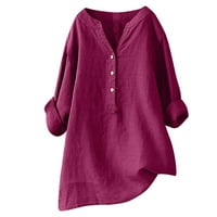 USMIXI Womens Tops casual gumb dolje mekano pamučno posteljina plus veličina labave majice Ljeto Slatka obična bluza s dugim rukavima V-izrez vruća ružičasta xxl