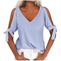 Majice za vrat za ženske ležerne tipke čvrstog u boji prema dolje s ramena kratkih rukava ljetni vrhovi