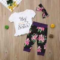 Felcia 0-5Y sestra za bebe Set Set White Letter Flower Print Romper Majica Cvjetni pantalone odijelo