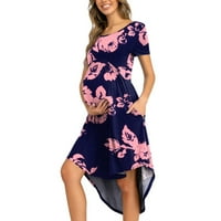 Ženske haljine okrugli izrez casual srednje dužine cvjetni letnji haljina kratkih rukava ružičasta L