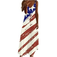 Dyegold sandresses za ženska ležerna plaža - Ženske maxi haljine V izrez bez rukava Američka zastava