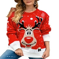 MubIneo ženski božićni crtani pletiva s dugim rukavima Crewneck Džemper za pulover