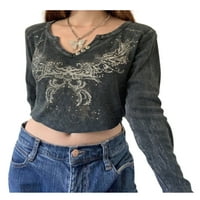 Coduop Ženska vintage cvjetni print Bodycon usjev vrhovi dugih rukava T-majice Tees Bluza pulover