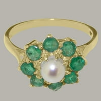 Britanska napravljena 18K žuti zlatni kultivirani prsten sa kulturama i smaragdnim ženama - Opcije veličine - Veličina 8.25
