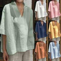 Ženska modna pamučna posteljina V-izrez kratka rukava stotina i jedna solidna boja labava majica bluza