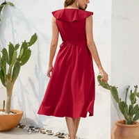 Bazyrey midi haljine za žene čvrste haljine ženske haljine bez rukava s rukavima s rukavima crvene s
