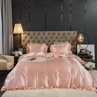 Romantični ruffle saten svilena prekrivača kraljica Veličina ružičaste luksuzne čvrste boje posteljine