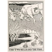 Percy J. Billinghurst Crni ukrašeni uokvireni dvostruki matted muzej umjetnički print pod nazivom: Dva bika i žaba