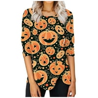 Hallowee kostimi stabilna odjeća ženska majica okrugli vrat s dugim rukavima otisnuta nepravilna gumba dolje gornja narandžasta xl