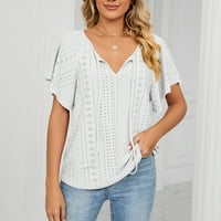 Žensko ljeto V izrez izrez prema vrhu pune boje kratki rukav ruff majica casual labav fit bluze bijeli