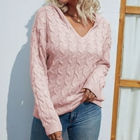 Zunfeo ženski ležerni džemper - čvrsti V izrez pulover pad ramena dugih rukava za slobodno vrijeme udobni kabel pleteni džemper vrhovi ružičasti xl