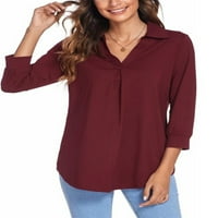 Žene vrhove rukava s rukavima V izrez košulja Plain Tunika majica Vino crvena 2xl