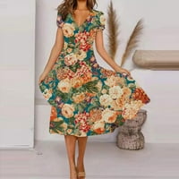 Bazyrey Women V-izrez kratki rukav cvjetni a-linijski haljina ženske modne skinske haljine XL
