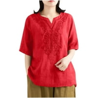 Ženska izveznana tunika lana bluza V izrez majica kratkih rukava HI-Low hem cvjetni vrhovi Ljetne casual labave teberse crvene m