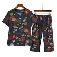Žene dvije setove Ljetne žene Ljeto obrezane hlače Gumb Cardigan Printing Ležerne prilike Dvije odijelo