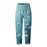 Ženske posteljine hlače Ljeto Capris Hlače visokog struka ispisane široke džepove nogu Cinch donji pantalona svijetlo plava veličina M