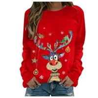 Božićne majice za žene s dugim rukavima Slatka jelena grafička dukserica boja blok raglan rukava za