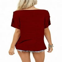Eleluny Women izvan ramena Torggy majica kratki rukav Ispis vrhova casual bluza vino crveno xl