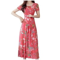 Ženska elegantna cvjetna haljina scoop vrat kratkih rukava tunik struk otisnuta modna casual dugačka haljina maxi