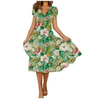 Ljetne haljine za žene Ženska ljetna casual moda cvjetna print kratki rukav V-izrez Swing haljina zelena