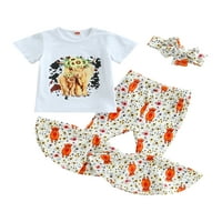 Blotona Toddler Baby Girls Ljeto odijelo Bijelo kratkih rukava za ispis stoke + cvjetne pantalone + trake za glavu