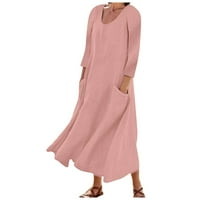 Ljetne haljine za žene V-izrez Dužina za gledanje Leirure A-line Čvrsta haljina s dugim rukavima ružičasta