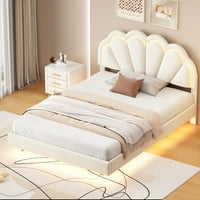 Cosotowower puni tapecirani pametni LED krevet sa elegantnim uzglavljenim cvijećem, plutajući baršun platforma LED krevet s drvenim letvicama, bež