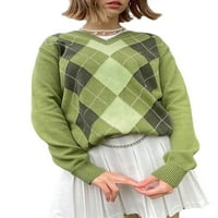 Diconna ženski Y2K Argyle pleteni džemper s dugim rukavima V pčelari se pleteni džemperi preferira vintage