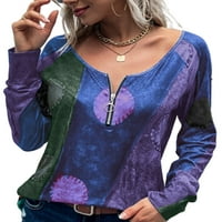 Glookwis Womens Okrugli vrhovi vrata Bluze Zip Up Majica Dugi rukav Retro Print Thirts Classic Color