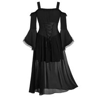 Dame Flowy Haljina Čvrsta boja O-izrez Dugi rukav Vintage Off rame čipke Up zavojne haljine Objavite