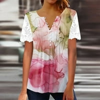 Fefernal ženska ležerna modna V izrez čipkasti panel Ispis majica kratkih rukava Top prevelike majice
